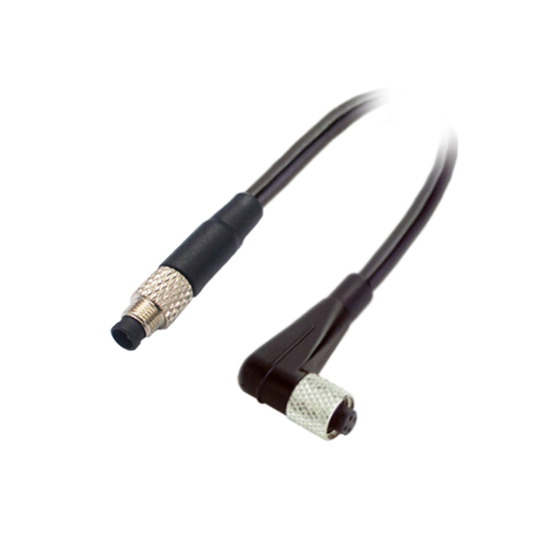 M5 3pins A code male straight to female right angle cable,shielded,PVC,-10°C~+80°C,26AWG 0.14mm²,brass with nickel plated screw