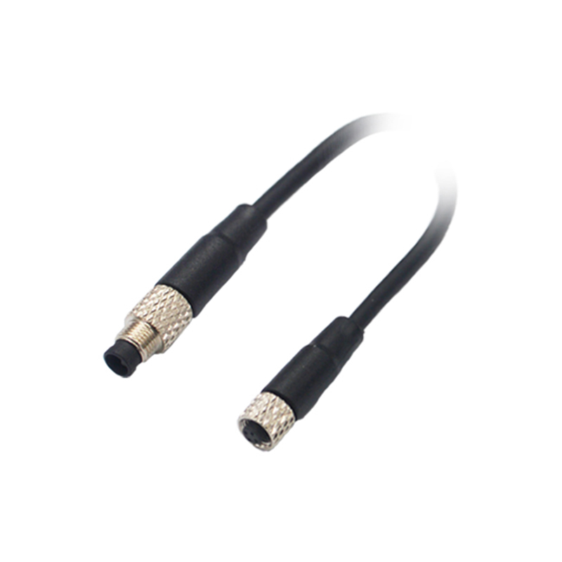 M5 3pins A code male to female straight cable,shielded,PVC,-40°C~+105°C,26AWG 0.14mm²,brass with nickel plated screw