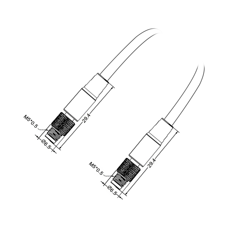 M5 3pins A code male to male straight cable,shielded,PVC,-10°C~+80°C,26AWG 0.14mm²,brass with nickel plated screw