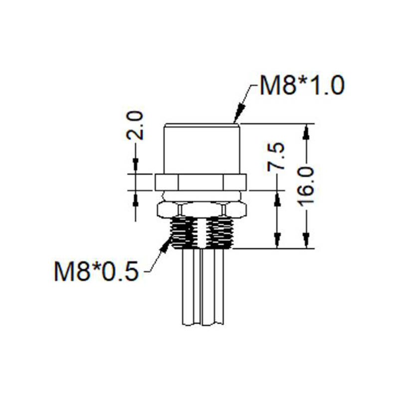 M8 3pins A code female straight rear panel mount connector,unshielded,single wires,brass with nickel plated shell