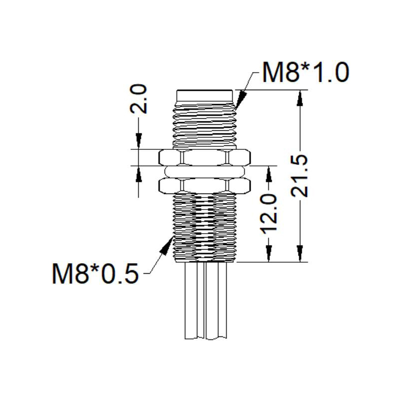 M8 6pins A code male straight rear panel mount connector,unshielded,single wires,brass with nickel plated shell
