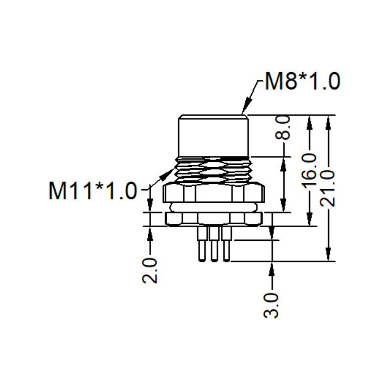 M8 6pins A code female straight front panel mount connector,unshielded,insert,brass with nickel plated shell