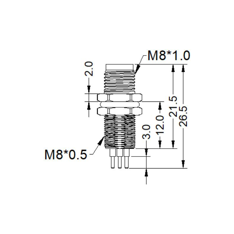 M8 4pins A code male straight rear panel mount connector,unshielded,insert,brass with nickel plated shell
