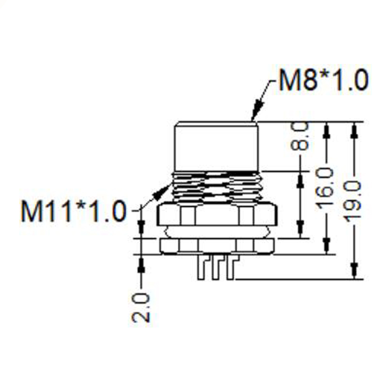 M8 8pins A code female straight front panel mount connector,unshielded,solder,brass with nickel plated shell