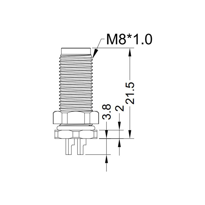 M8 3pins A code male straight front panel mount connector,unshielded,solder,brass with nickel plated shell