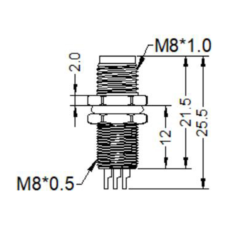 M8 5pins B code male straight rear panel mount connector,unshielded,solder,brass with nickel plated shell