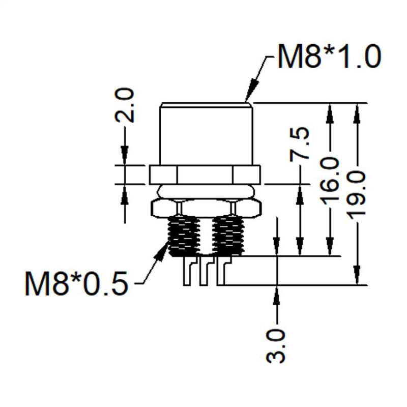 M8 5pins B code female straight rear panel mount connector,unshielded,solder,brass with nickel plated shell