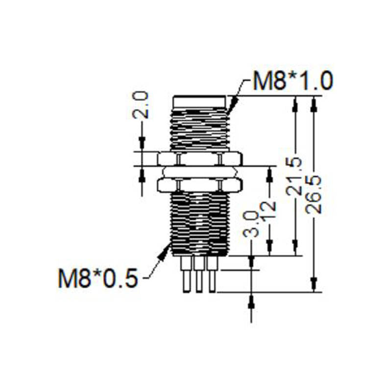 M8 4pins D male straight rear panel mount connector,unshielded,insert,brass with nickel plated shell