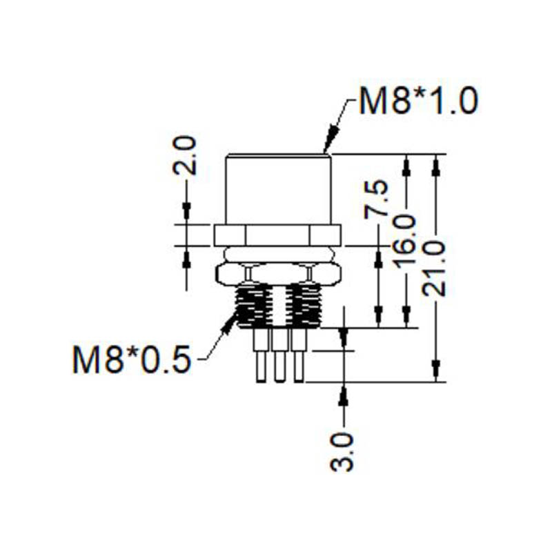 M8 4pins D female straight rear panel mount connector,unshielded,insert,brass with nickel plated shell