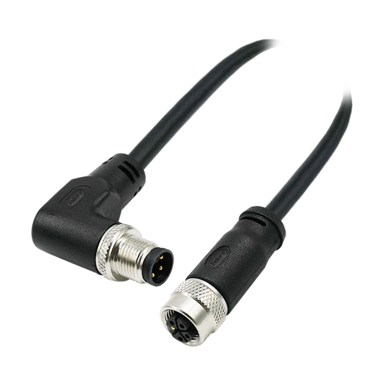 M12 5pins K code male right angle to female straight molded cable,unshielded,PVC,-40°C~+105°C,22AWG 0.34mm²,brass with nickel plated screw