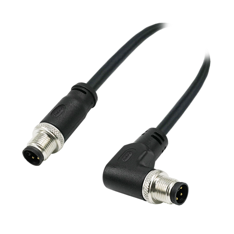 M12 5pins K code male straight to male right angle molded cable,unshielded,PVC,-40°C~+105°C,22AWG 0.34mm²,brass with nickel plated screw