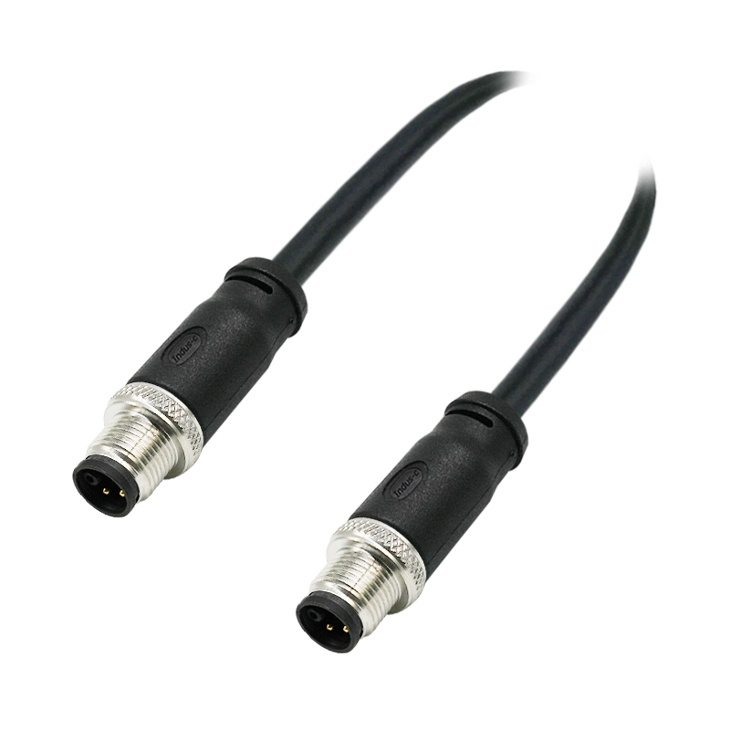 M12 5pins K code male to male straight molded cable,unshielded,PVC,-40°C~+105°C,22AWG 0.34mm²,brass with nickel plated screw