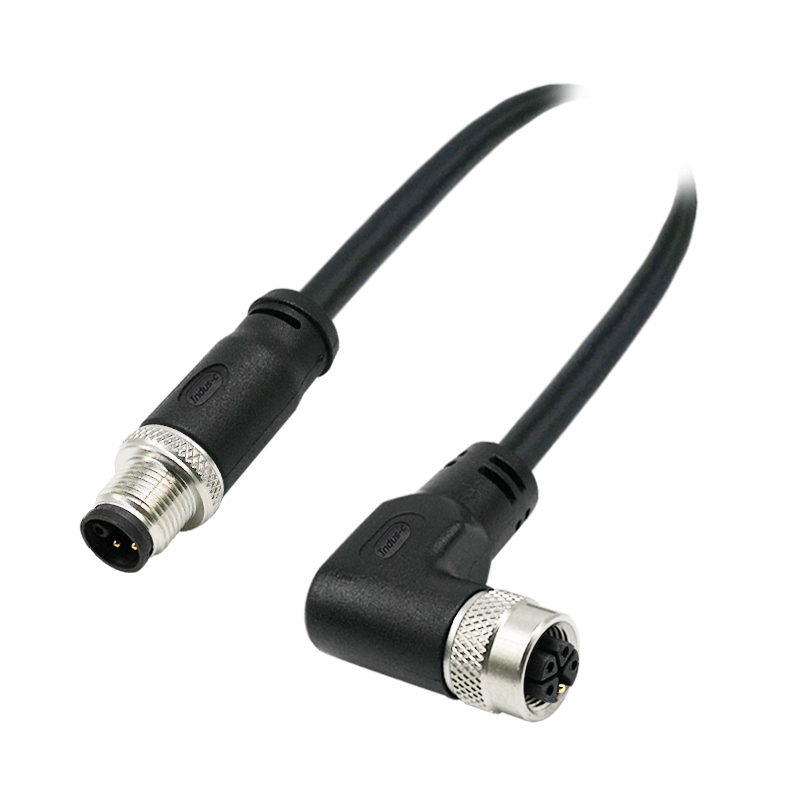 M12 5pins K code male straight to female right angle molded cable,unshielded,PVC,-40°C~+105°C,22AWG 0.34mm²,brass with nickel plated screw