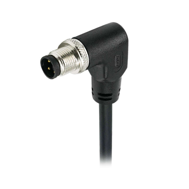 M12 5pins K code male right angle molded cable,unshielded,PVC,-40°C~+105°C,22AWG 0.34mm²,brass with nickel plated screw