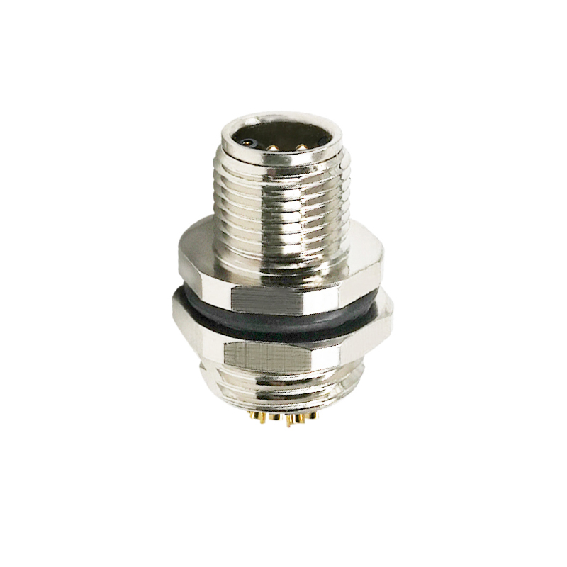 M12 5pins K code male straight rear panel mount connector PG9 thread,unshielded,solder,brass with nickel plated shell