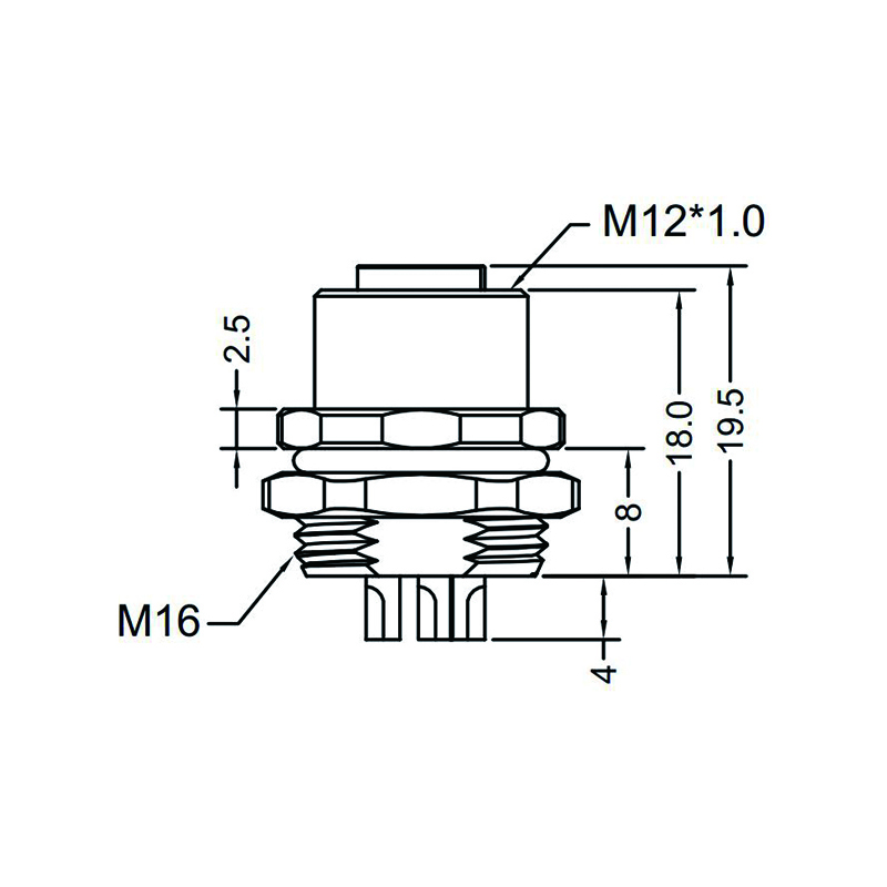 M12 5pins K code female straight rear panel mount connector M16 thread,unshielded,solder,brass with nickel plated shell