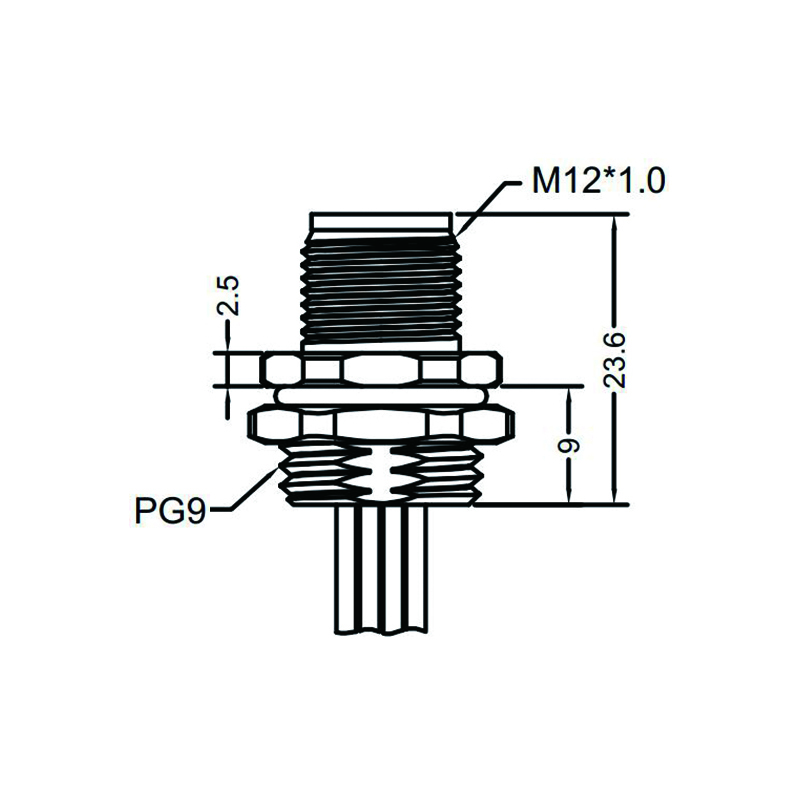 M12 5pins K code male straight rear panel mount connector PG9 thread,unshielded,single wires,brass with nickel plated