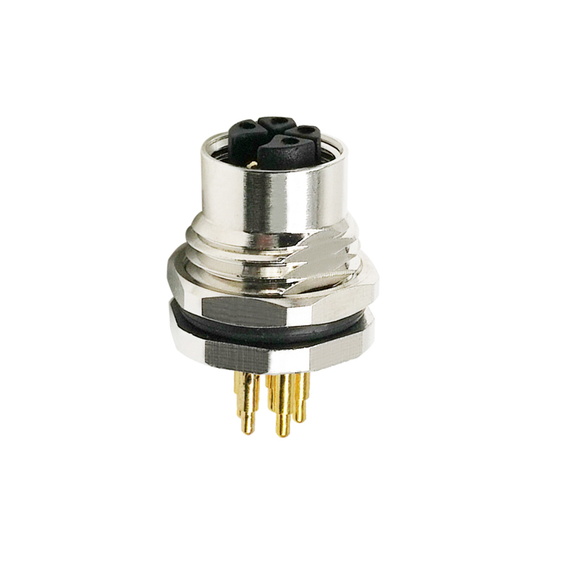 M12 5pins K code female straight front panel mount connector M16 thread,unshielded,insert,brass with nickel plated shell
