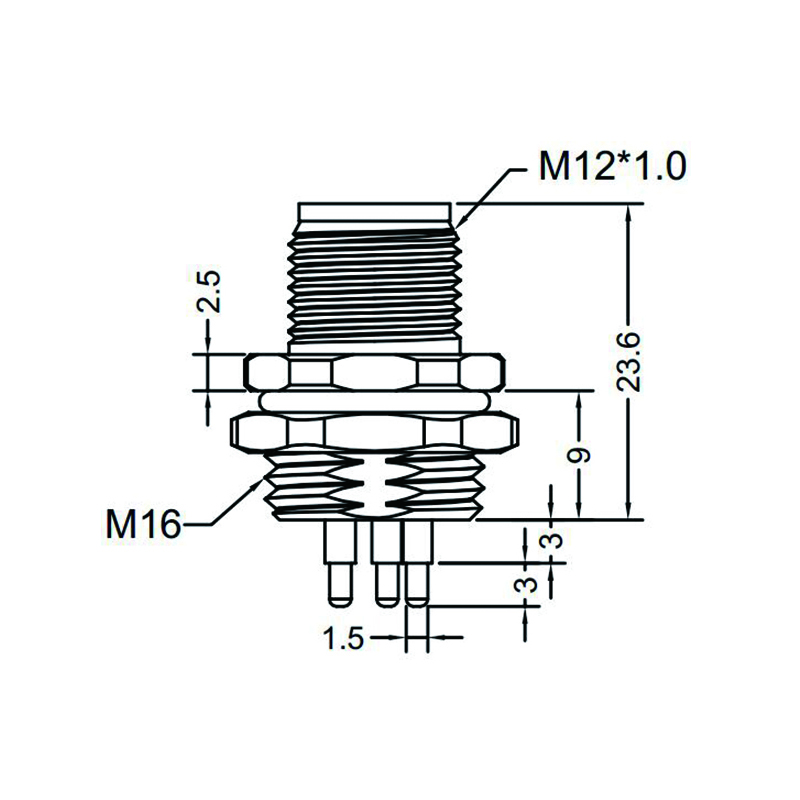 M12 5pins K code male straight rear panel mount connector M16 thread,unshielded,insert,brass with nickel plated shell