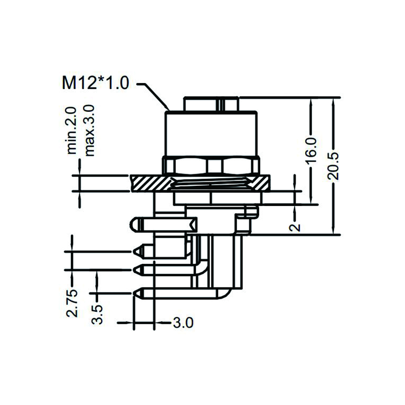 M12 5pins K code female right angle front panel mount connector,unshielded,insert,brass with nickel plated shell