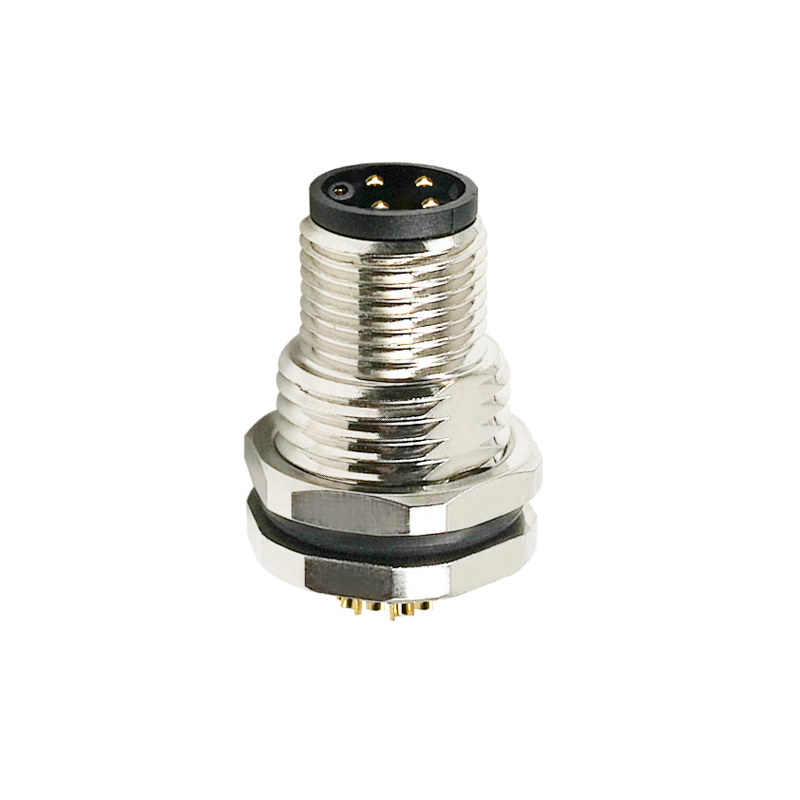 M12 5pins K code male straight front panel mount connector M16 thread,unshielded,solder,brass with nickel plated shell