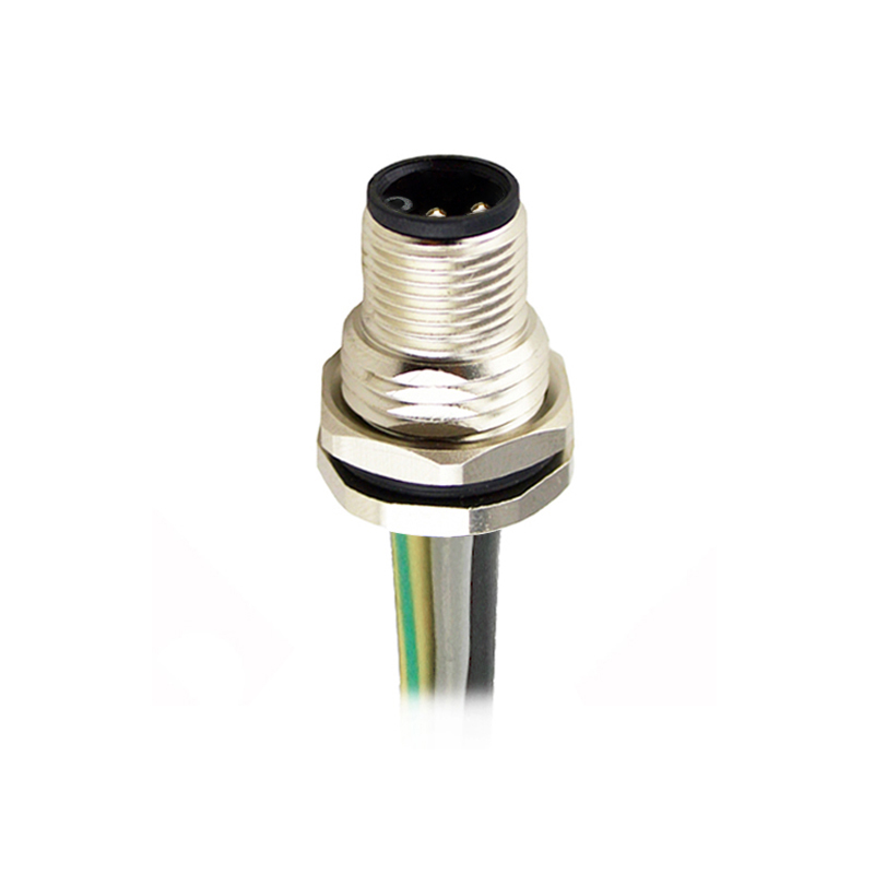 M12 4pins L code male straight front panel mount connector PG9 thread,unshielded,single wires,brass with nickel plated