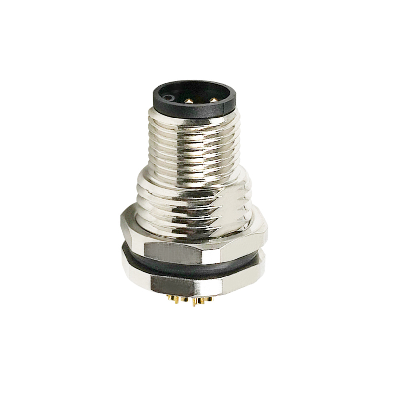 M12 4pins L code male straight front panel mount connector M16 thread,unshielded,solder,brass with nickel plated shell