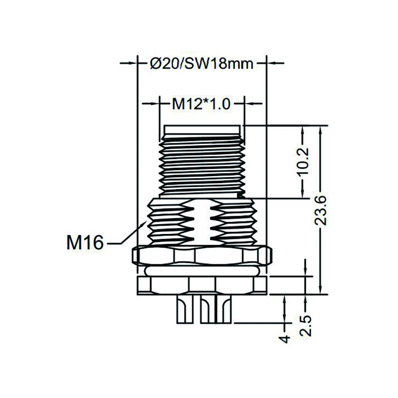 M12 4pins L code male straight front panel mount connector M16 thread,unshielded,solder,brass with nickel plated shell