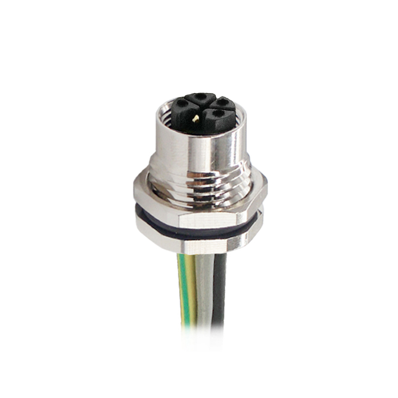 M12 4pins L code female straight front panel mount connector M16 thread,unshielded,single wires,brass with nickel plated