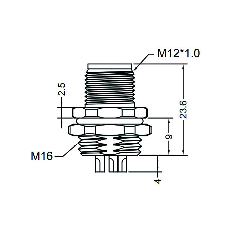 M12 5pins L code male straight rear panel mount connector M16 thread,unshielded,solder,brass with nickel plated shell