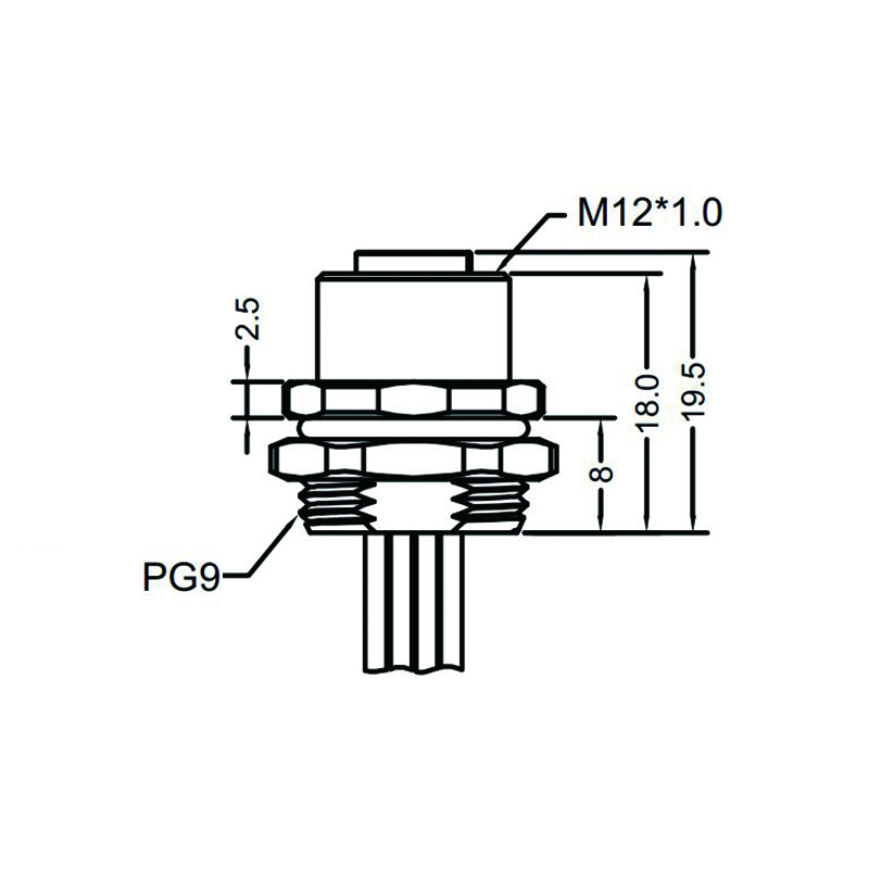 M12 4pins L code female straight rear panel mount connector PG9 thread,unshielded,single wires,brass with nickel plated