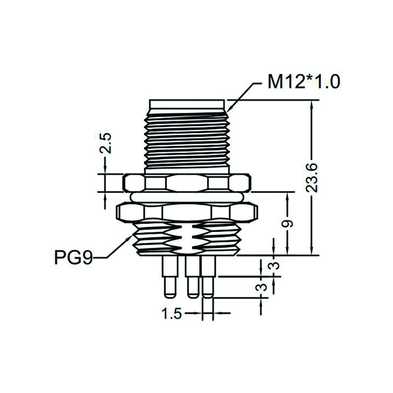 M12 4pins L code male straight rear panel mount connector PG9 thread,unshielded,insert,brass with nickel plated shell