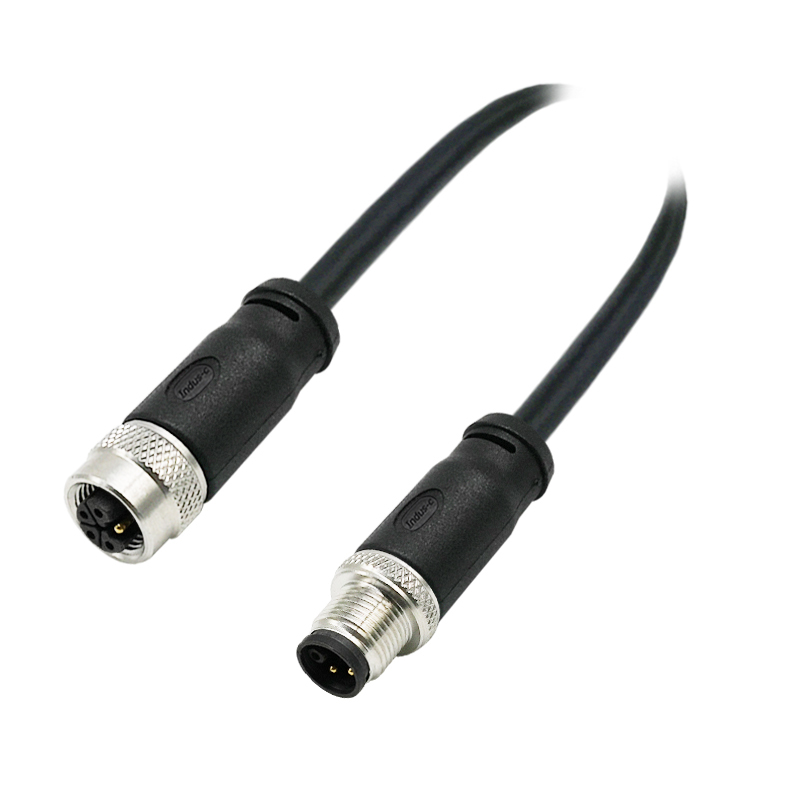 M12 4pins L code male to female straight molded cable,unshielded,PUR,-40°C~+105°C,22AWG 0.34mm²,brass with nickel plated screw