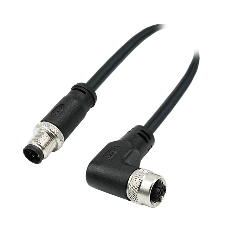 M12 5pins L code male straight to female right angle molded cable,unshielded,PVC,-40°C~+105°C,22AWG 0.34mm²,brass with nickel plated screw