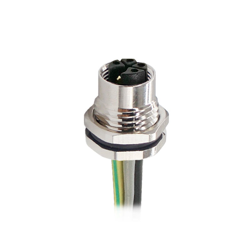 M12 5pins K code female straight front panel mount connector PG9 thread,unshielded,single wires,brass with nickel plated