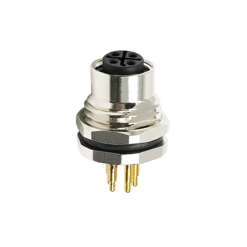 M12 4pins S code female straight front panel mount connector PG9 thread,unshielded,insert,brass with nickel plated shell