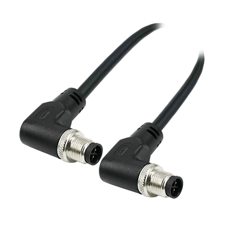M12 4pins S code male to male right angle molded cable,unshielded,PVC,-40°C~+105°C,22AWG 0.34mm²,brass with nickel plated screw