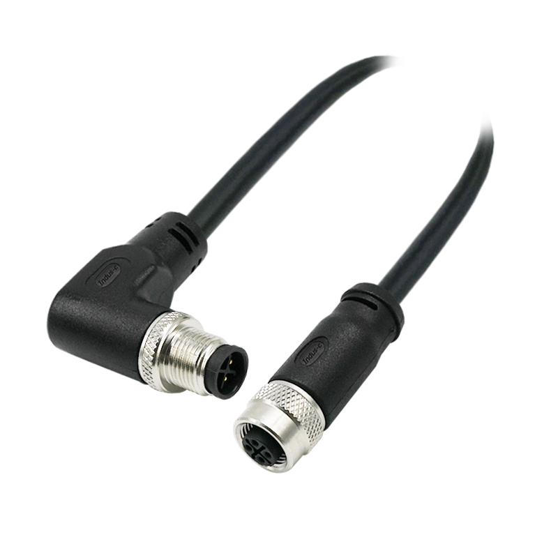 M12 4pins S code male right angle to female straight molded cable,unshielded,PVC,-40°C~+105°C,22AWG 0.34mm²,brass with nickel plated screw