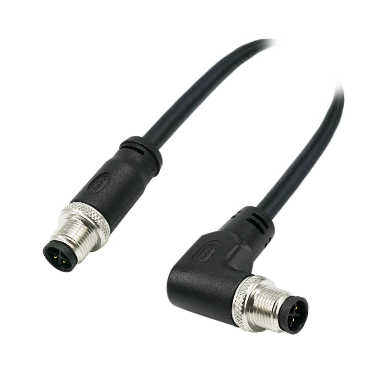 M12 4pins S code male straight to male right angle molded cable,unshielded,PVC,-40°C~+105°C,22AWG 0.34mm²,brass with nickel plated screw