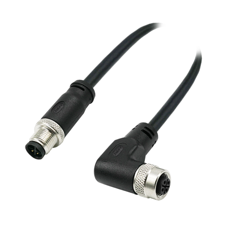 M12 4pins S code male straight to female right angle molded cable,unshielded,PVC,-40°C~+105°C,22AWG 0.34mm²,brass with nickel plated screw