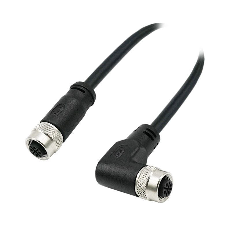 M12 4pins S code female straight to female right angle molded cable,unshielded,PVC,-40°C~+105°C,22AWG 0.34mm²,brass with nickel plated screw