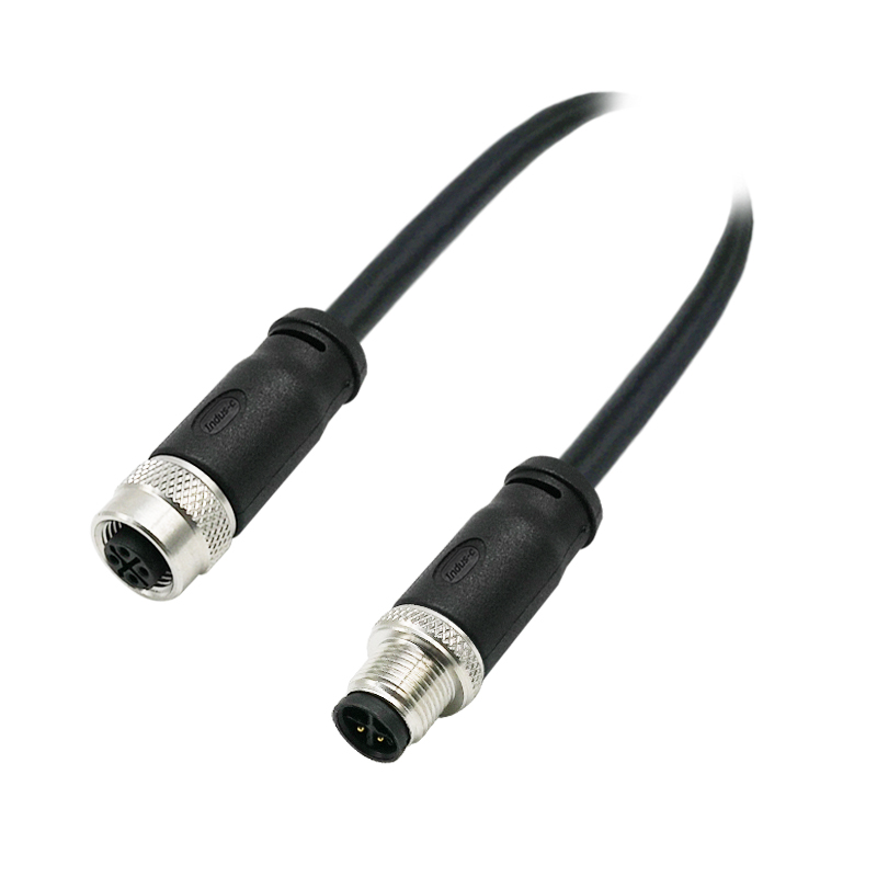 M12 4pins S code male to female straight molded cable,shielded,PVC,-40°C~+105°C,22AWG 0.34mm²,brass with nickel plated screw