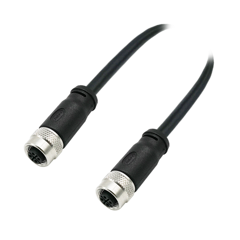 M12 4pins S code female to female straight molded cable,shielded,PVC,-40°C~+105°C,22AWG 0.34mm²,brass with nickel plated screw