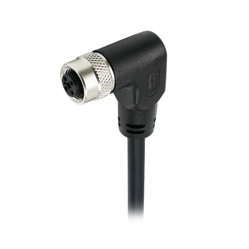 M12 4pins T code female right angle molded cable,unshielded,PVC,-40°C~+105°C,22AWG 0.34mm²,brass with nickel plated screw