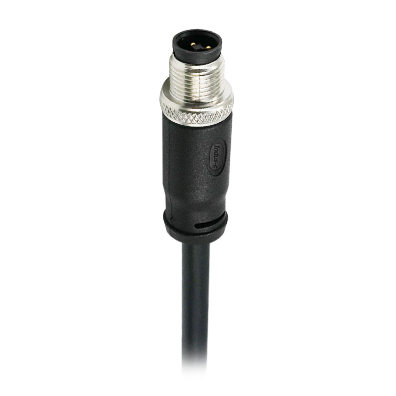 M12 4pins T code male straight molded cable,shielded,PVC,-40°C~+105°C,22AWG 0.34mm²,brass with nickel plated screw