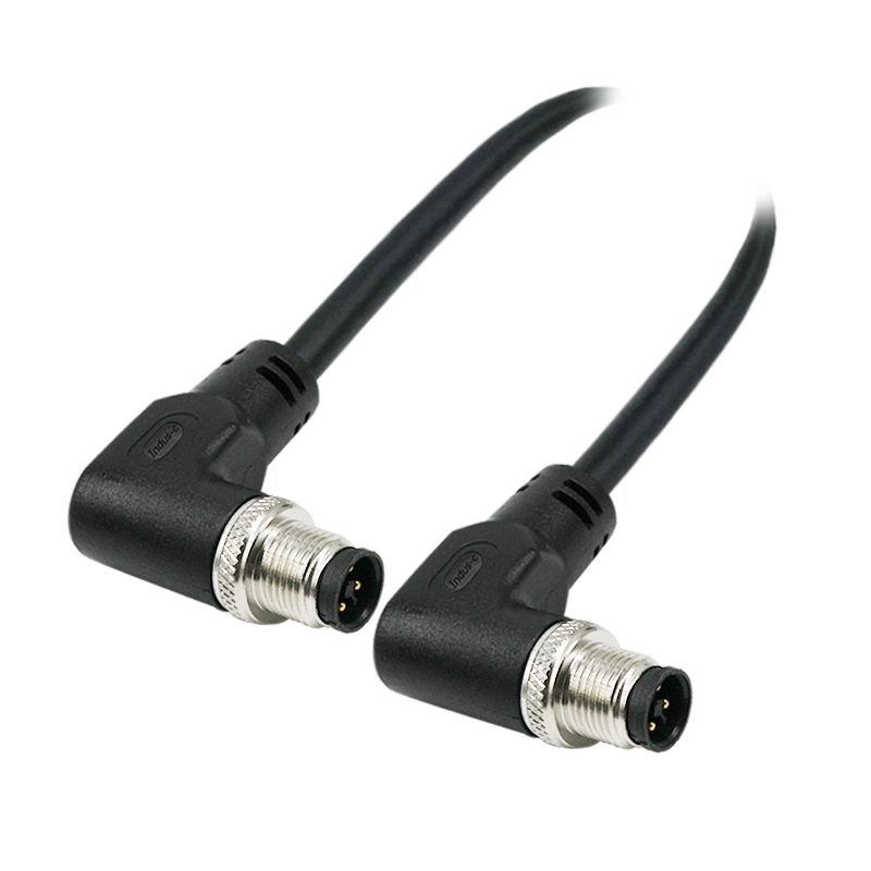M12 4pins T code male to male right angle molded cable,unshielded,PVC,-40°C~+105°C,22AWG 0.34mm²,brass with nickel plated screw