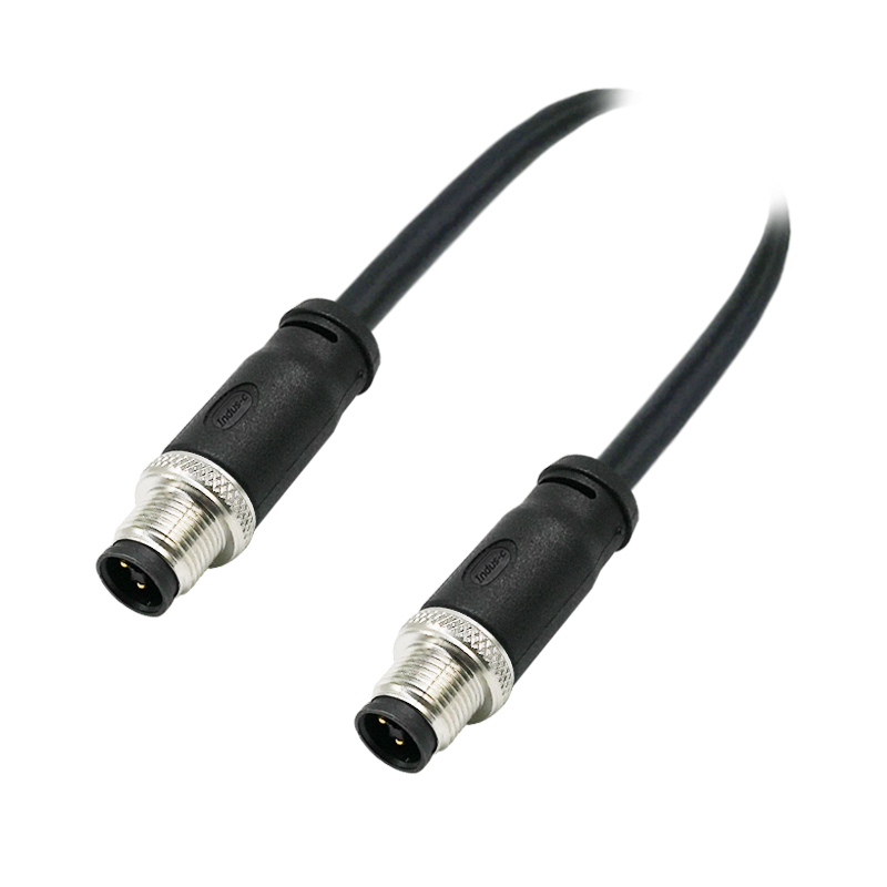 M12 4pins T code male to male straight molded cable,unshielded,PVC,-40°C~+105°C,22AWG 0.34mm²,brass with nickel plated screw