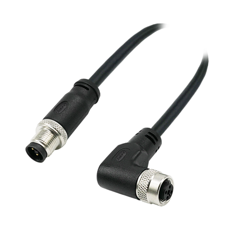 M12 4pins T code male straight to female right angle molded cable,unshielded,PVC,-40°C~+105°C,22AWG 0.34mm²,brass with nickel plated screw