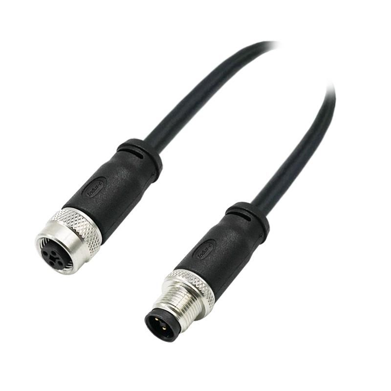 M12 4pins T code male to female straight molded cable,unshielded,PVC,-40°C~+105°C,22AWG 0.34mm²,brass with nickel plated screw