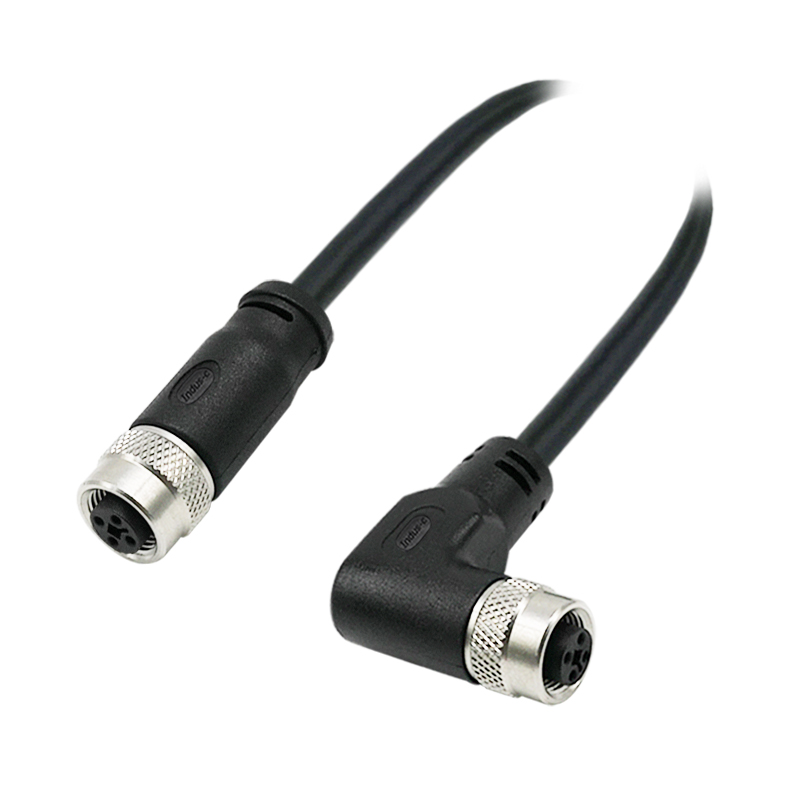 M12 4pins T code female straight to female right angle molded cable,unshielded,PVC,-40°C~+105°C,22AWG 0.34mm²,brass with nickel plated screw
